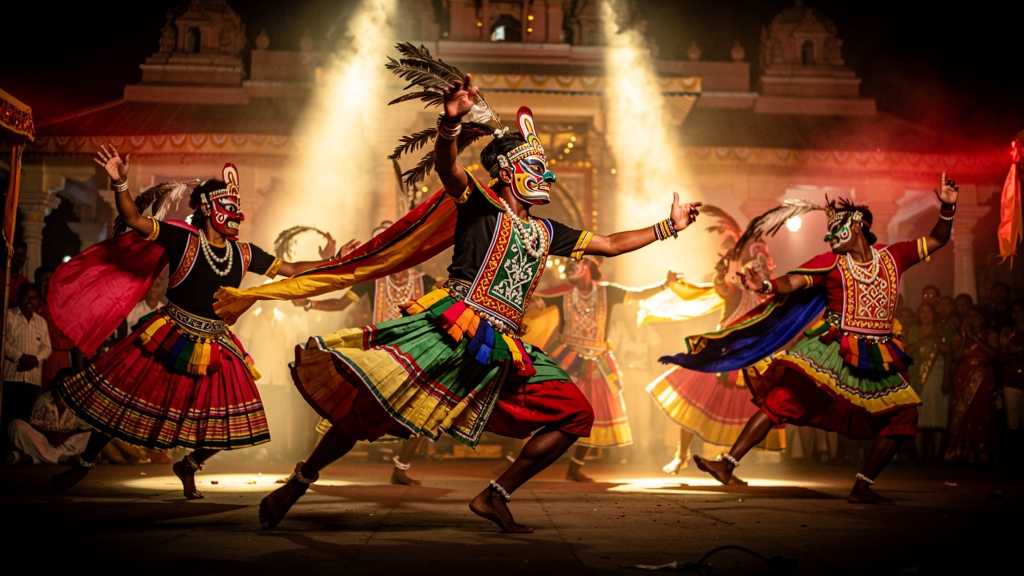 Mayurbhanj Chhau dance performers in traditional attire, martial poses