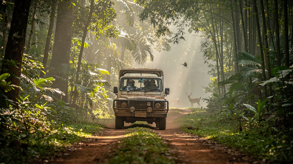 Jeep safari driving through Similipal forest mist