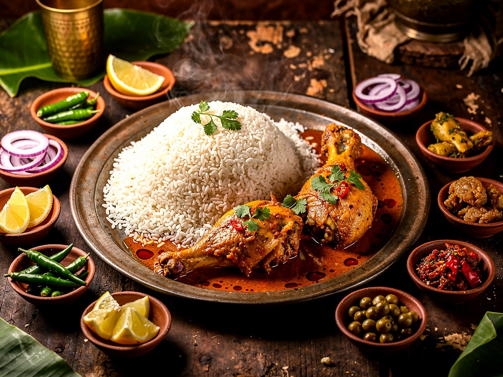 Traditional Mudhi Mansa Odia dish - puffed rice with spicy mutton curry