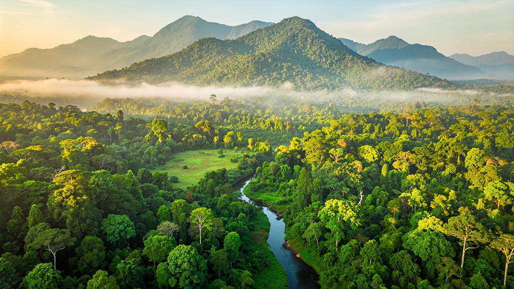 Aerial view of dense Similipal forest in Mayurbhanj, Odisha &mdash; green hills under golden light.